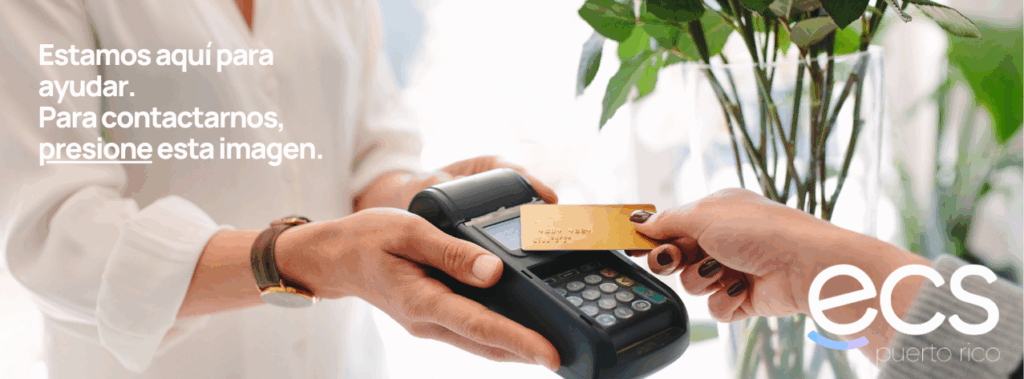Persona usando una tableta mientras se muestra el texto “estrategias de pago para negocios modernos”, representando soluciones de pago digitales de ECS Puerto Rico.