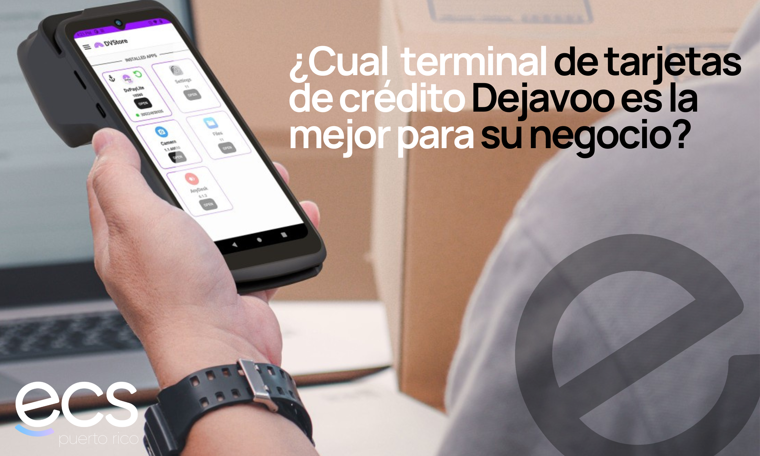 Persona utilizando una terminal de tarjetas de crédito Dejavoo con sistema Android para procesar pagos en un negocio.